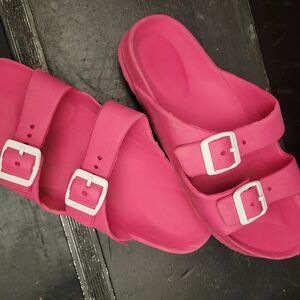 Hot Pink Double-Buckle Slip-On Sandals